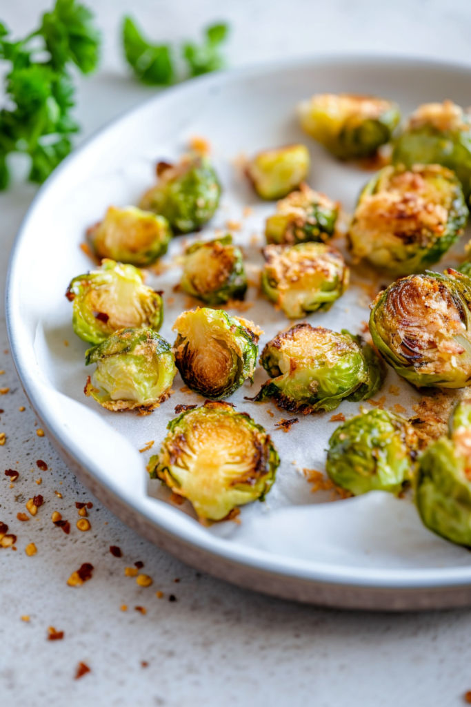 Detailed shot of roasted sprouts fresh from the oven, emphasizing the golden crust and savory appeal.