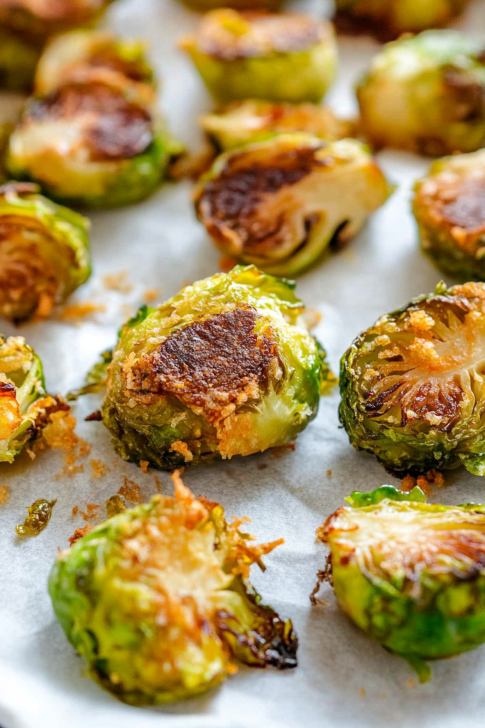Overhead view of roasted sprouts arranged neatly, showcasing contrast between tender interiors and crisp exteriors.