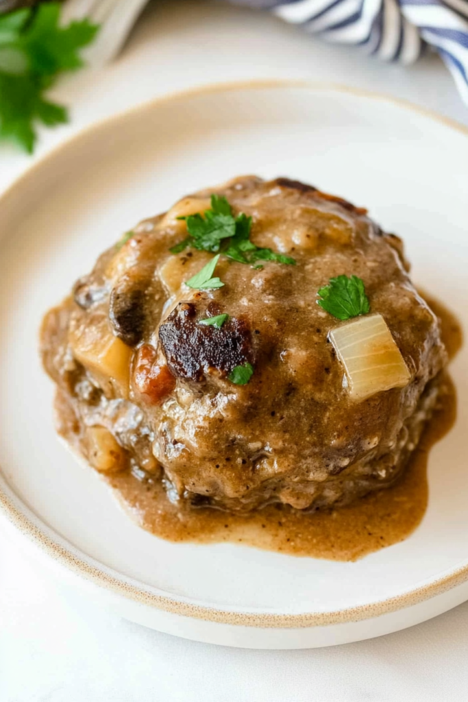 Hearty ground beef patty topped with glossy onion gravy and herbs.