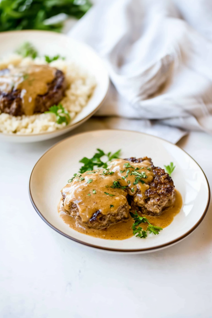 Pan-seared beef patty smothered in thick gravy with onions and mushrooms.