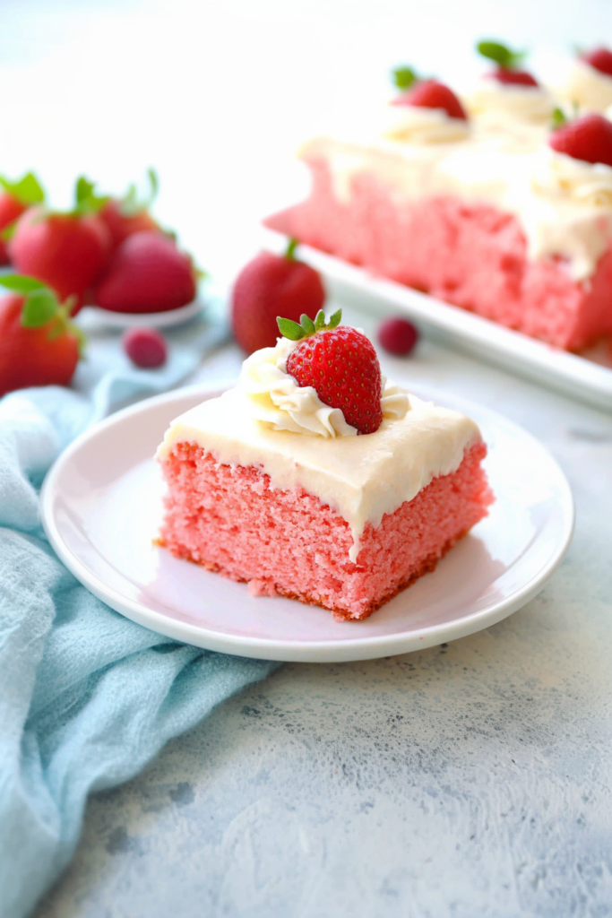 Slice of pink strawberry cake topped with creamy frosting and a fresh strawberry garnish.