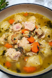 Rustic presentation of dumpling soup with rich broth, tender chicken, and bright vegetable accents.