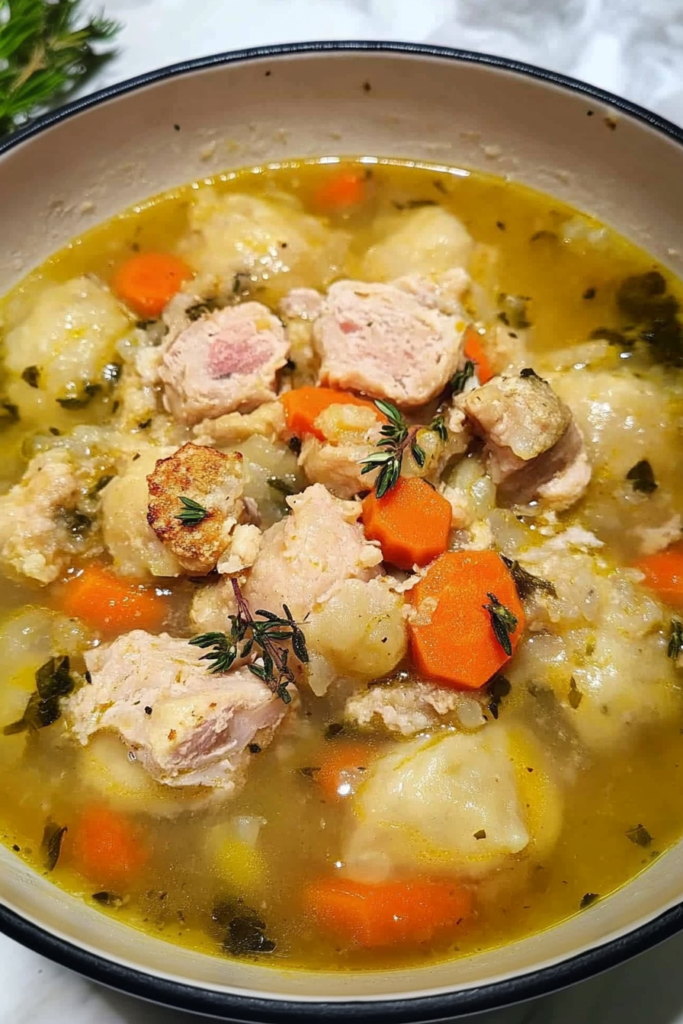 Rustic presentation of dumpling soup with rich broth, tender chicken, and bright vegetable accents.