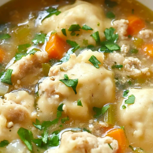 Warm soup highlighting soft dumplings and chunky vegetables in a clear, savory broth.