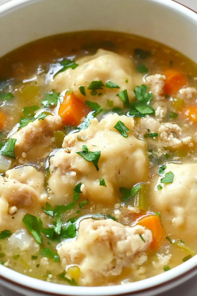 Warm soup highlighting soft dumplings and chunky vegetables in a clear, savory broth.
