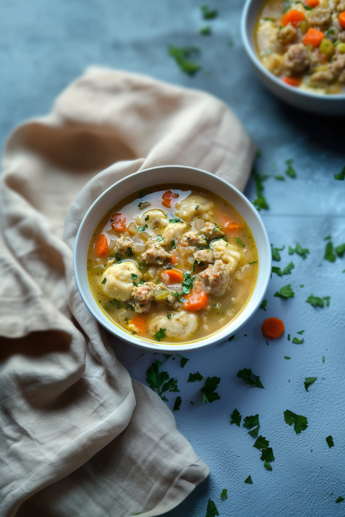 Bowl of hearty soup with fluffy dumplings, tender chicken, and colorful vegetables in broth.