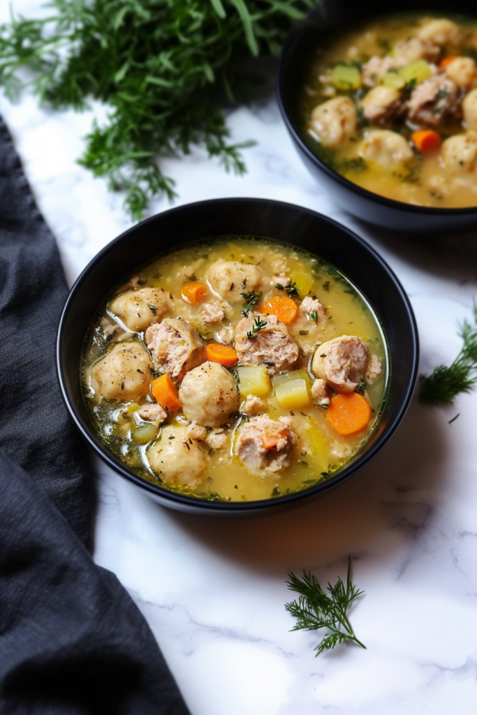 Comforting chicken and dumpling soup served in a bowl, garnished with fresh herbs.