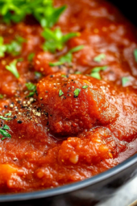 Close-up of meatballs simmered in a rich tomato sauce, garnished with fresh herbs.