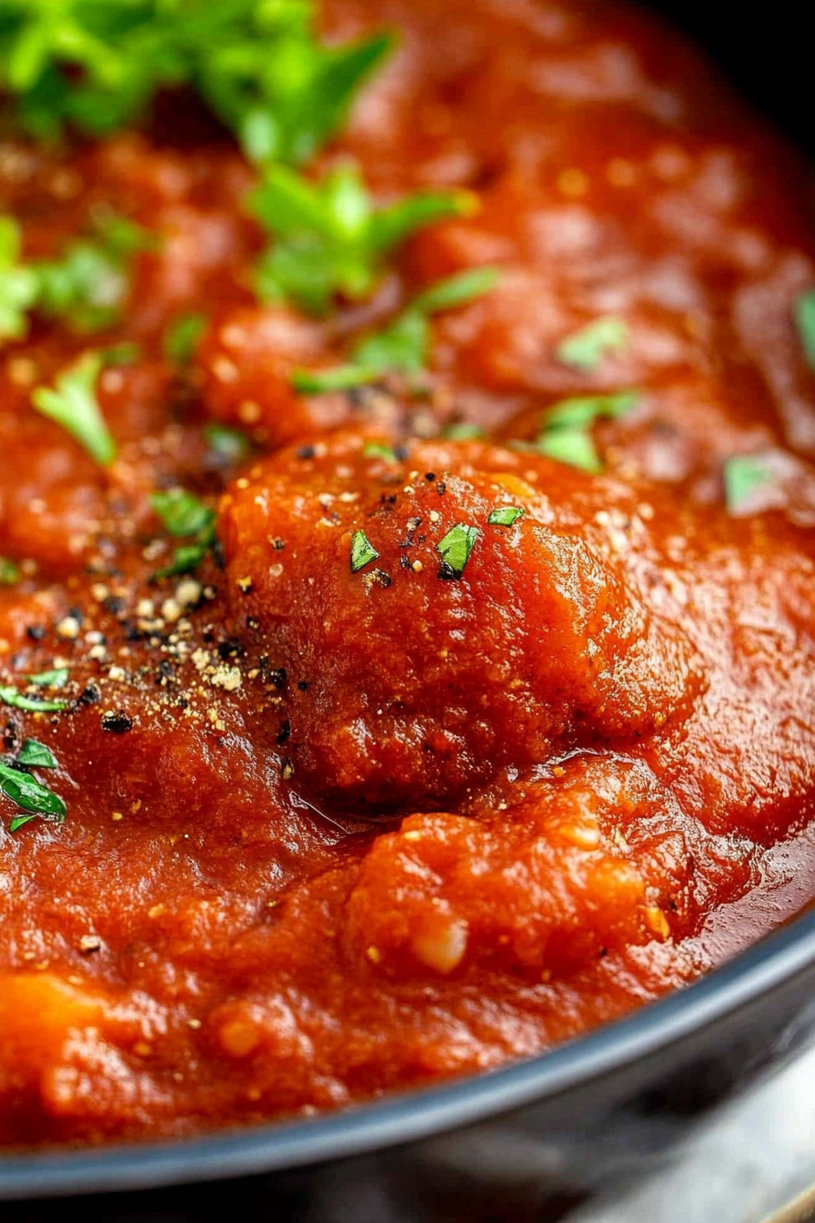 Close-up of meatballs simmered in a rich tomato sauce, garnished with fresh herbs.