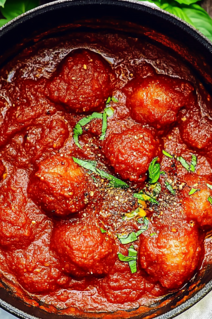 Savory tomato-based dish showcasing meatballs nestled in a glossy, flavorful sauce.