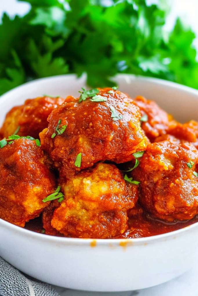 White bowl filled with tender meatballs coated in thick, red sauce for a hearty presentation.