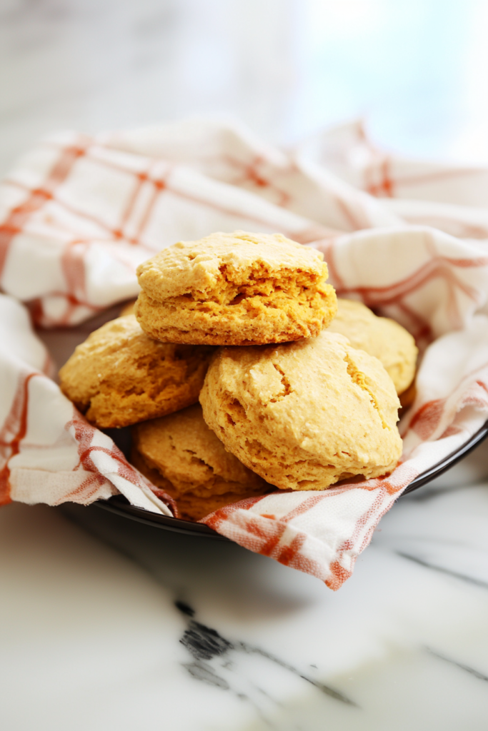 Golden, fluffy biscuits stacked on a plate, edges crisp and warm in soft light.