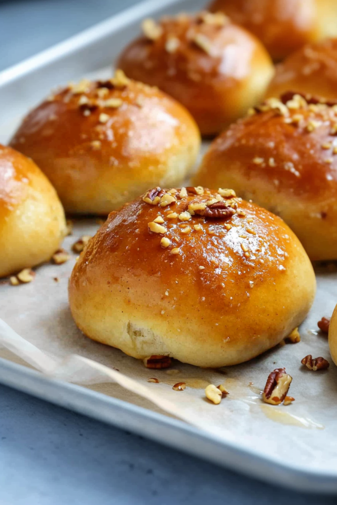 Round, golden-brown rolls with pecans nestled in the center, inviting and rustic in style.