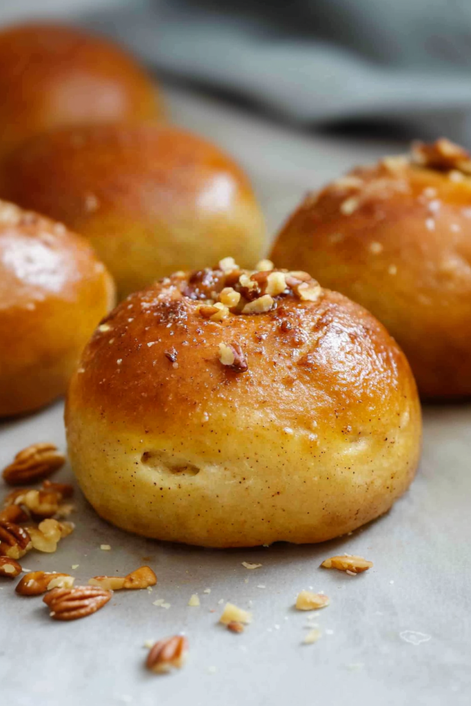 Freshly baked rolls arranged on a light surface, their soft centers highlighted by warm lighting.