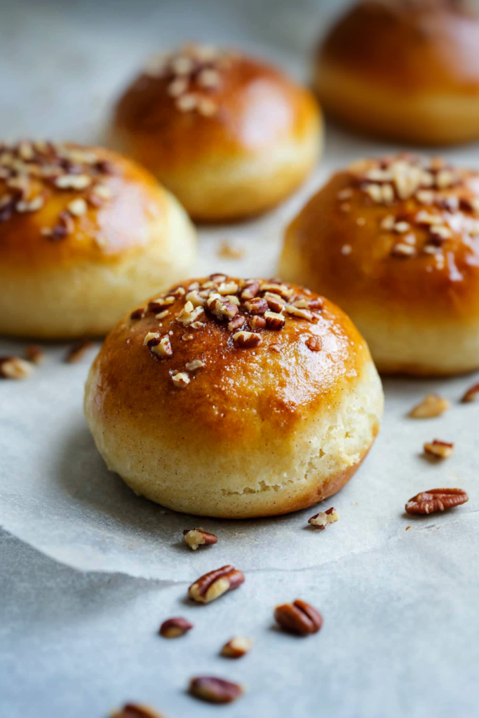 Golden rolls with a glossy finish, topped with chopped pecans for texture and flavor.