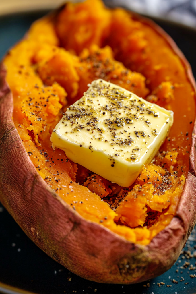 Steamy sweet potato with creamy butter and simple seasoning