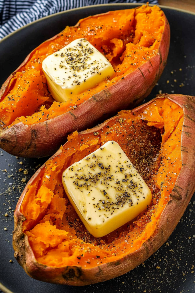 Soft orange sweet potato split open and topped with a pat of butter