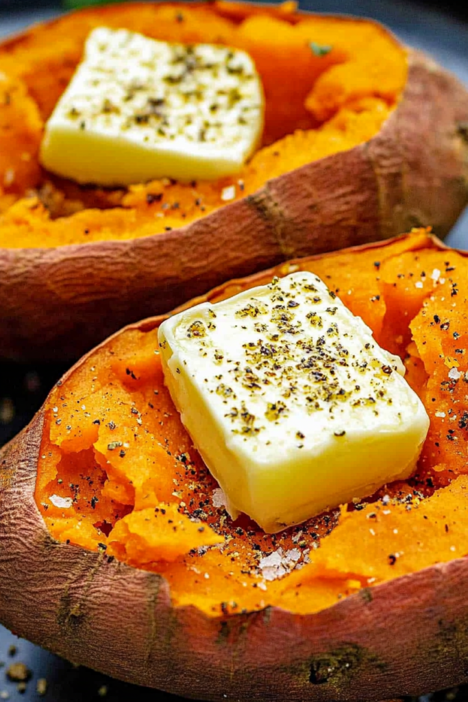 Warm sweet potato halves seasoned with salt, pepper, and butter
