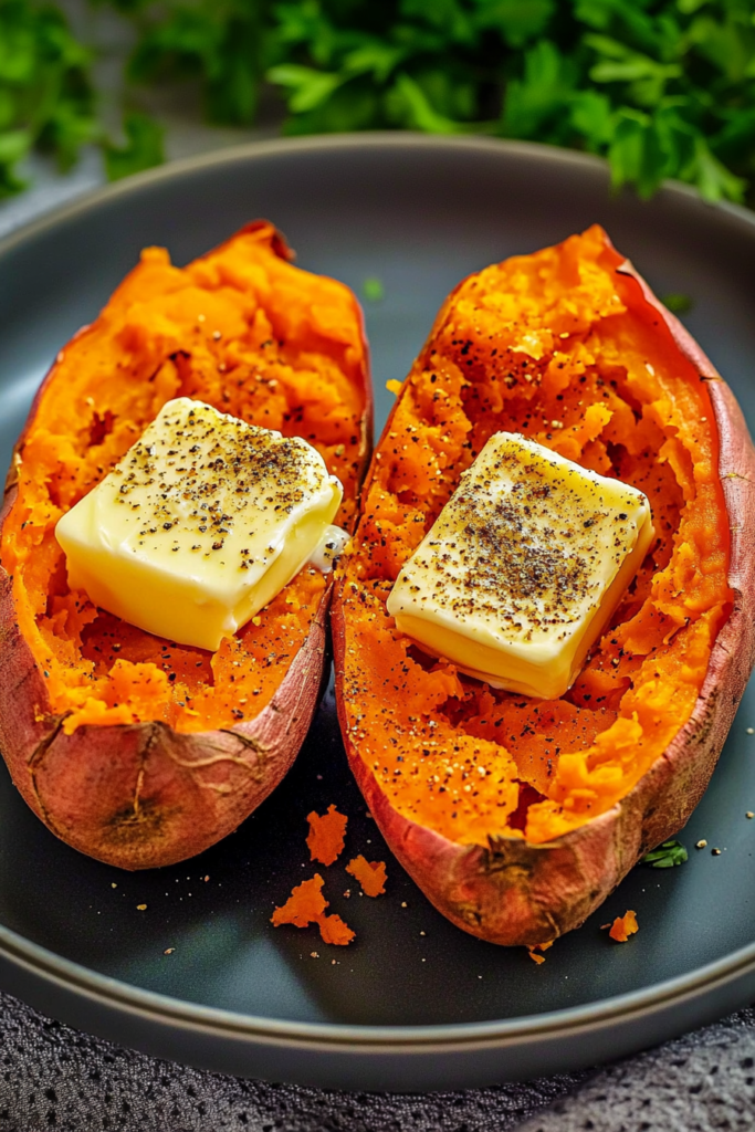 Fluffy baked sweet potato with melting butter and a sprinkle of black pepper