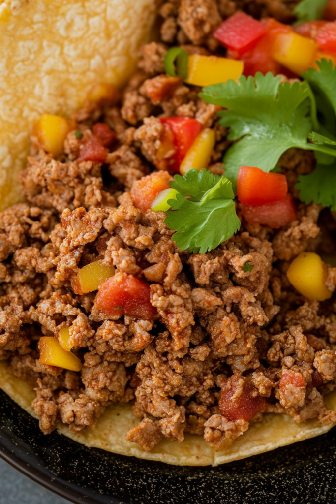 Soft tacos filled with seasoned ground beef, jalapeรฑos, tomatoes, and fresh cilantro.