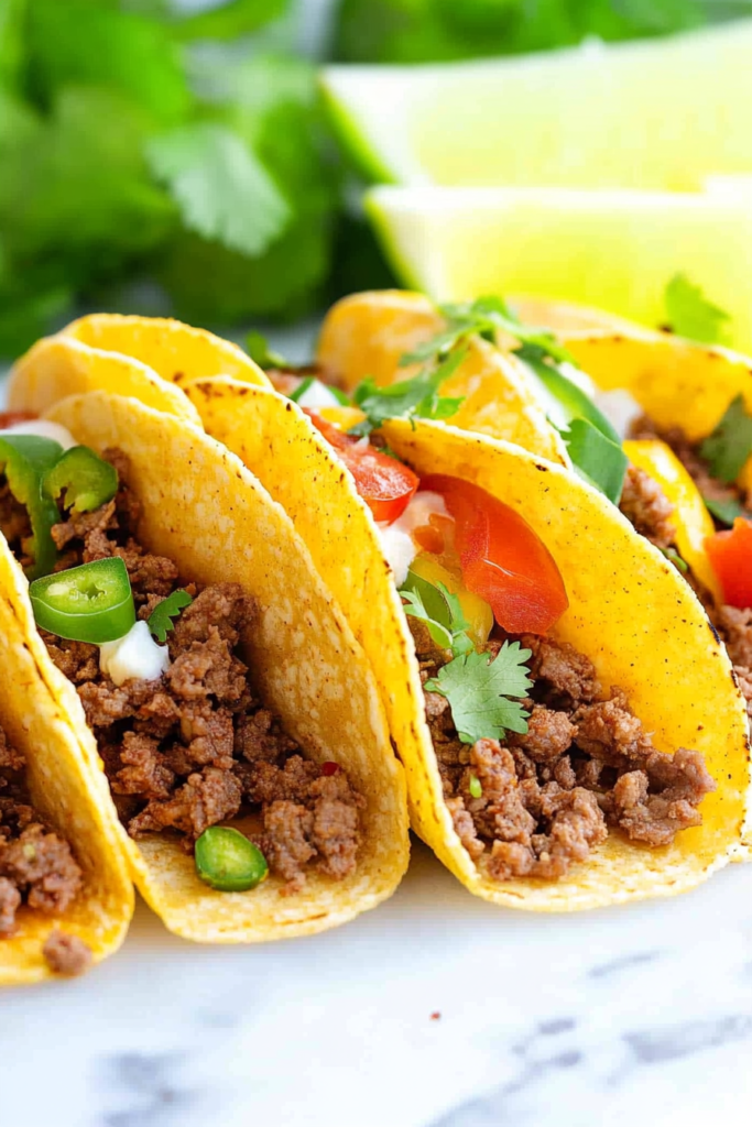 Freshly assembled beef tacos served with cilantro and sliced green chilies.