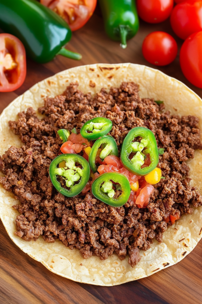Warm tortillas packed with cooked beef, sliced peppers, and diced tomatoes.