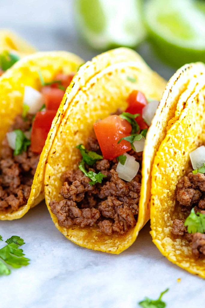 Three stuffed tacos with savory beef filling and colorful fresh toppings.