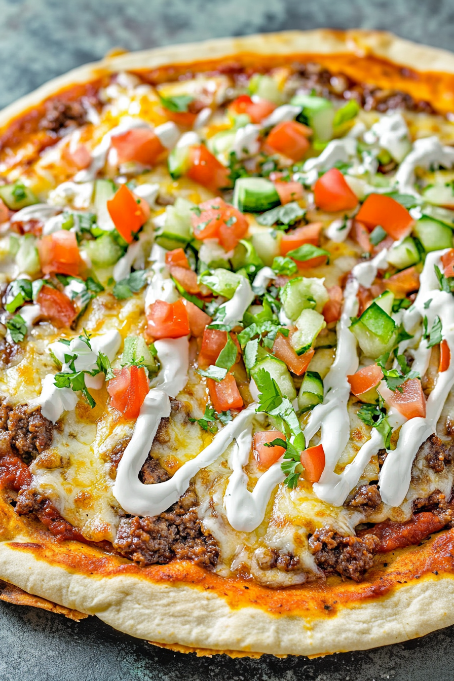 Loaded taco-style pizza topped with ground beef, melted cheese, fresh tomatoes, and lettuce