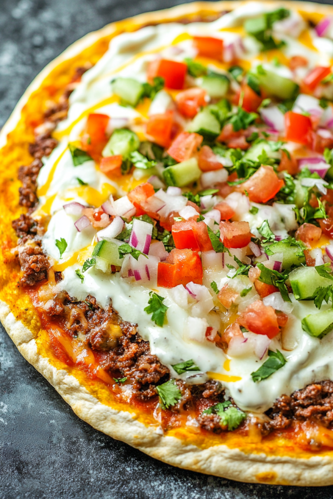 Cheesy baked pizza topped with savory meat, fresh veggies, and a drizzle of white sauce