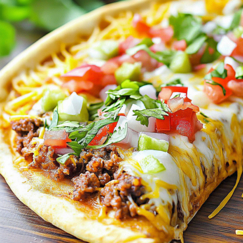 Homemade pizza with taco toppings, including cucumber, tomatoes, herbs, and sauce