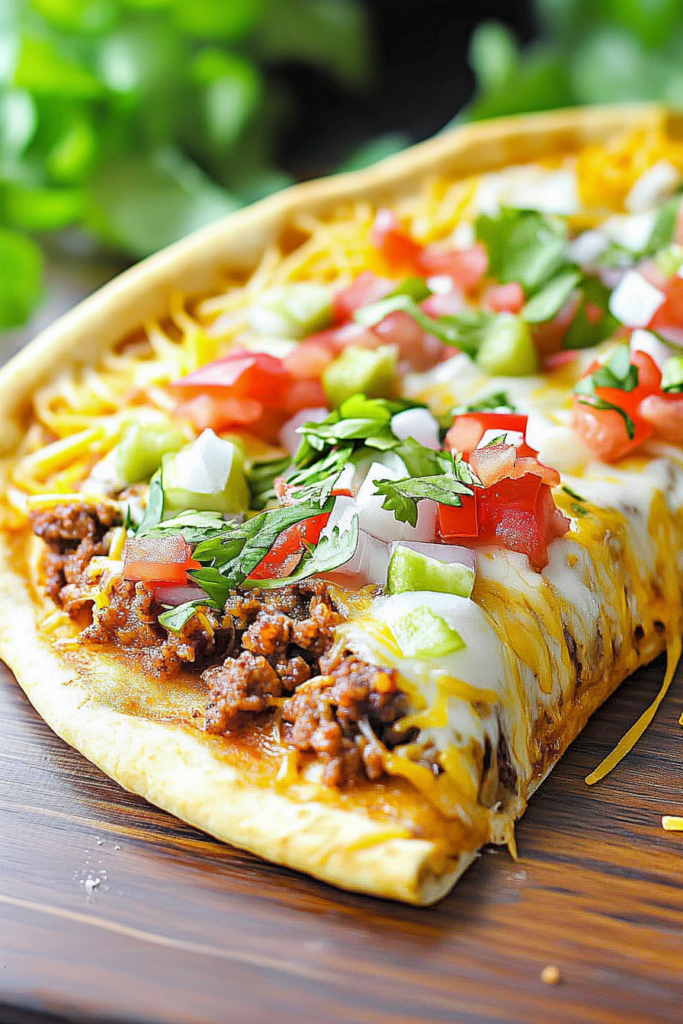 Homemade pizza with taco toppings, including cucumber, tomatoes, herbs, and sauce