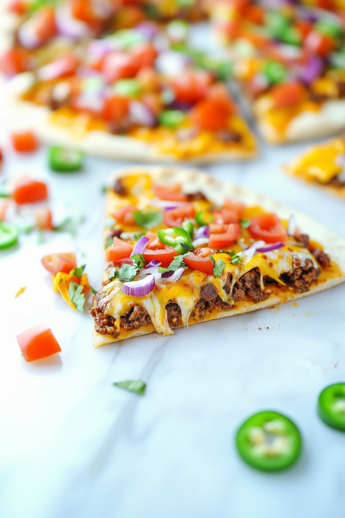 Taco pizza with ground beef, melted cheese, fresh chopped vegetables, and creamy topping