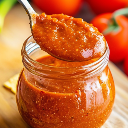 Glass jar of chunky red sauce with a spoon lifting out a serving