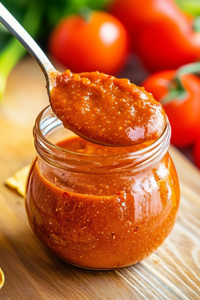Glass jar of chunky red sauce with a spoon lifting out a serving