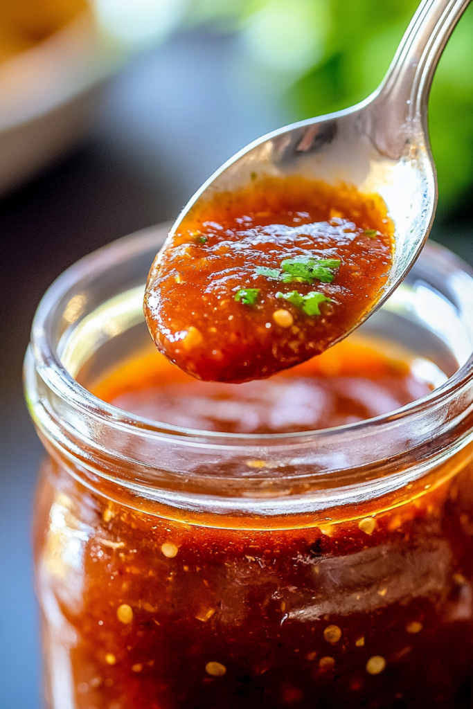 Close-up of tomato-based sauce with visible herbs and vegetables, presented in a rustic jar