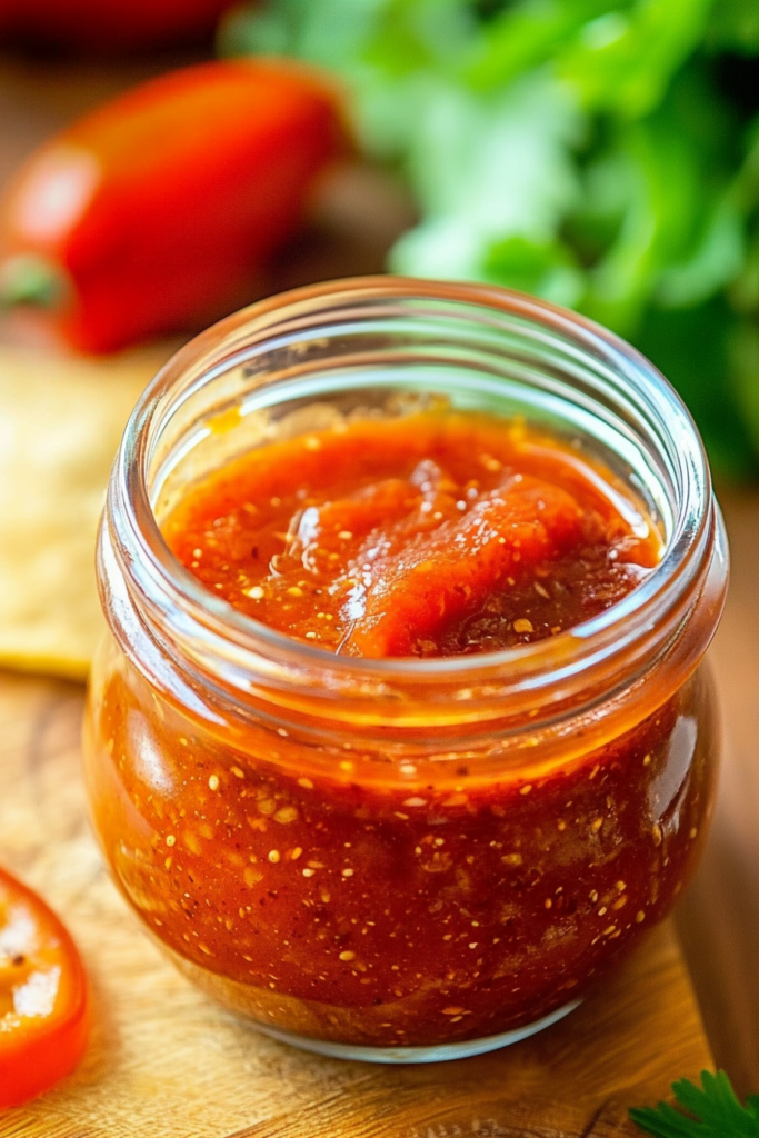 Homemade Taco Sauce showing thick texture and glossy finish with fresh tomatoes in the background