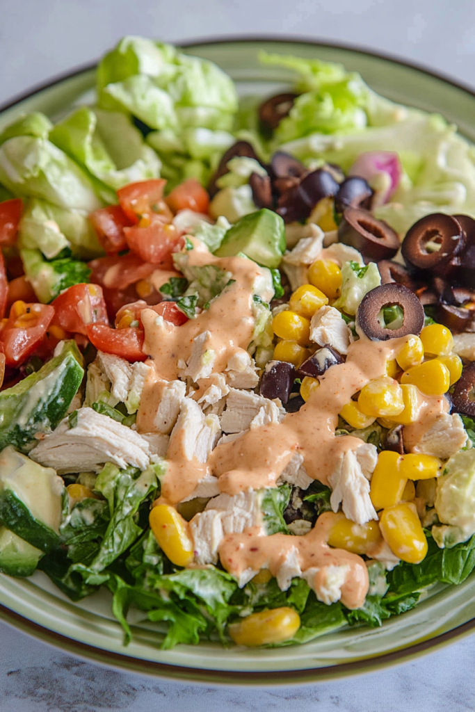 Close-up of fresh vegetables and chicken pieces arranged in sections for a vibrant salad presentation.