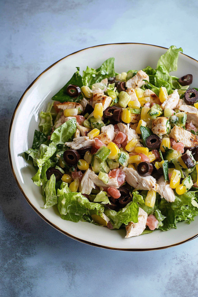 Final plated salad showcasing bright colors, varied textures, and a drizzle of creamy dressing.