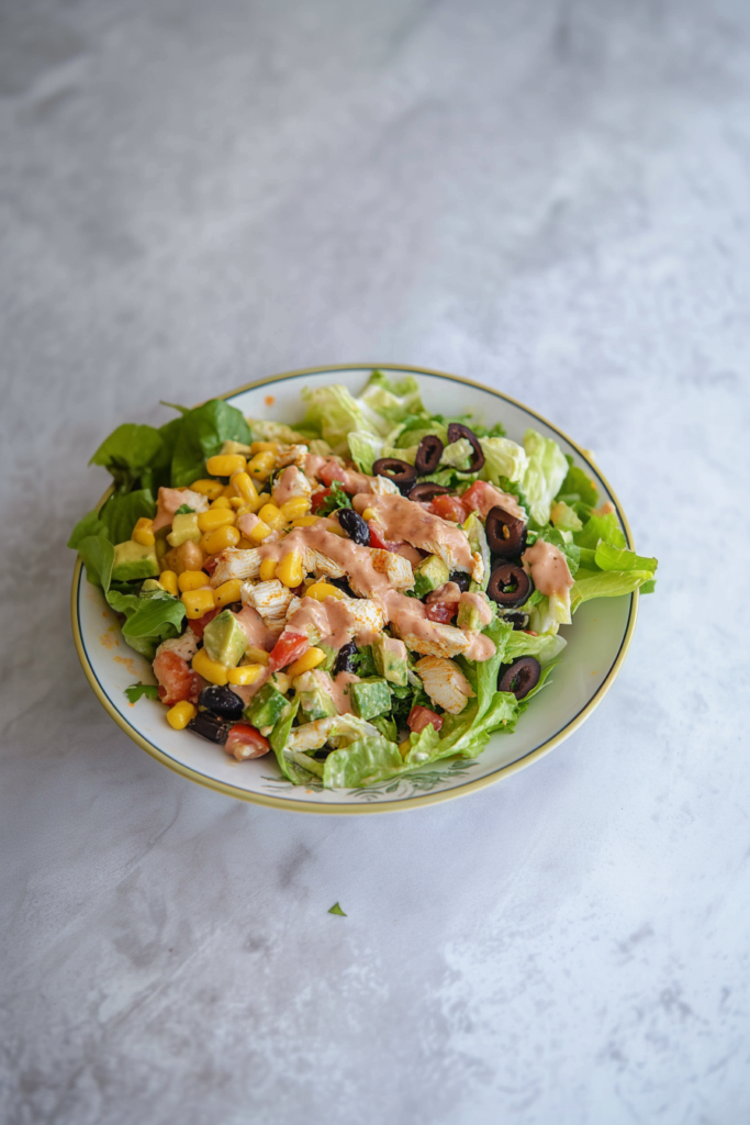 Plate of crisp greens topped with juicy tomatoes, sweet corn, and savory chicken, finished with orange dressing.