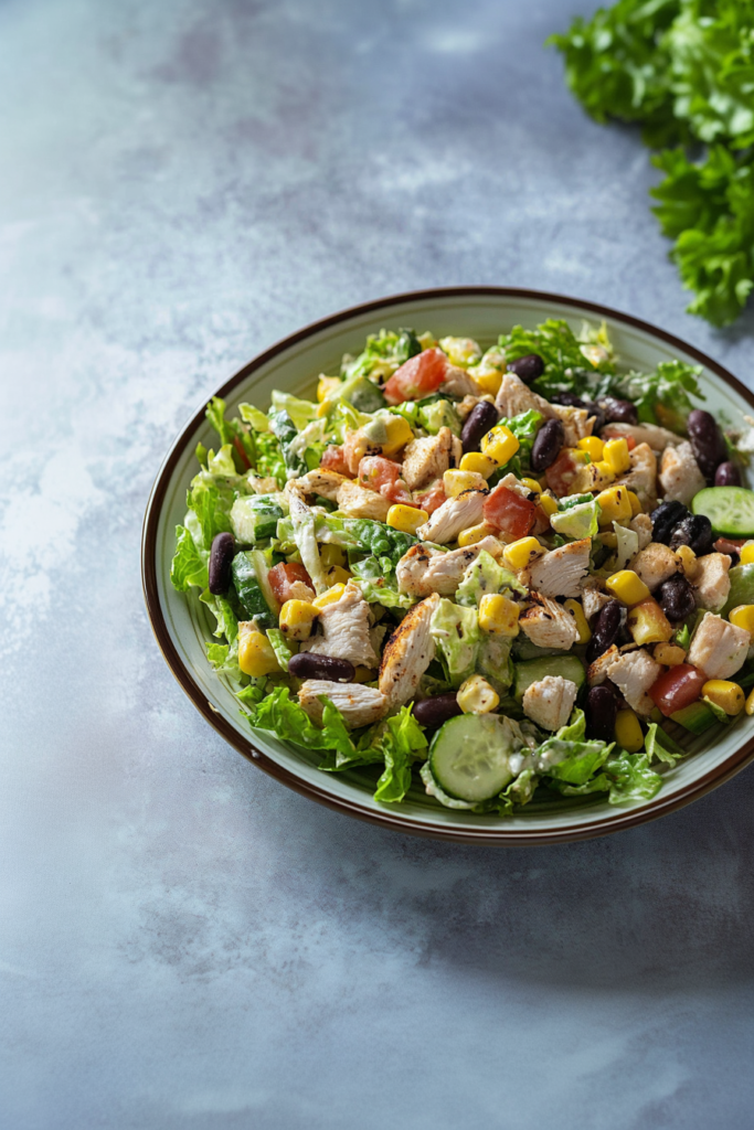 Colorful chopped salad with lettuce, tomatoes, cucumbers, corn, olives, and shredded chicken drizzled with creamy dressing.