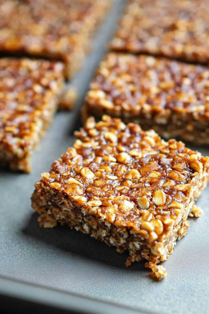 Glossy baked bars arranged in a stack, emphasizing their rustic, sweet texture