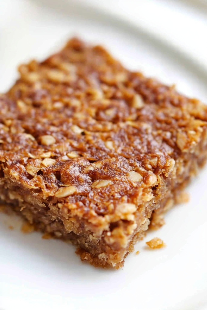 Homemade oat bars with visible flakes and a chewy, caramelized finish