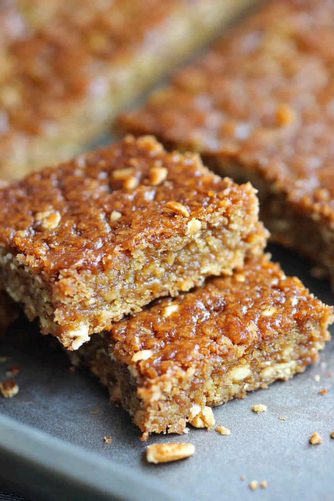 Stacked golden oat bars with a chewy, glossy surface highlighting baked syrup and oats