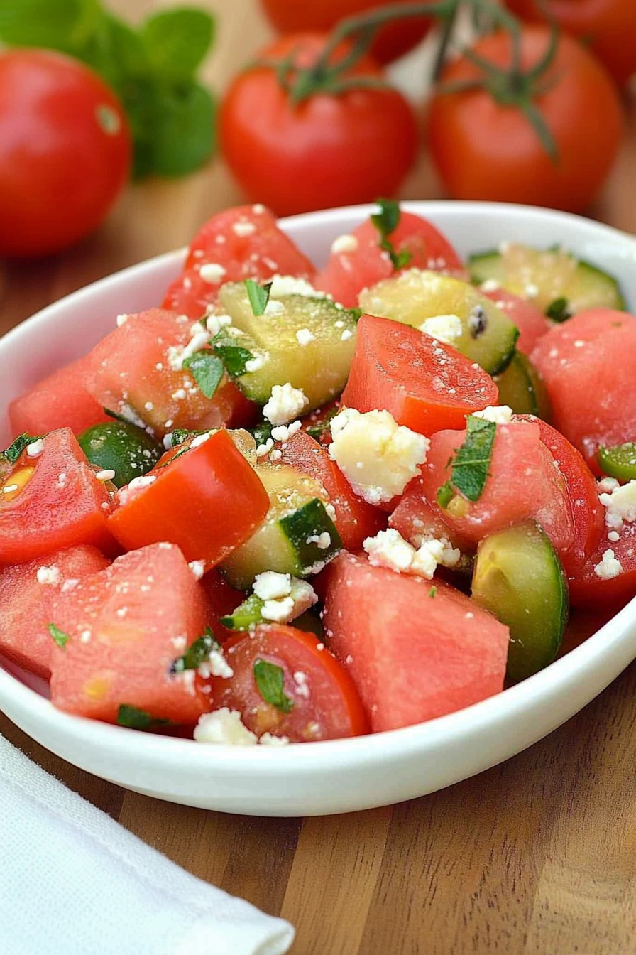 Light fruit and veggie mix with watermelon, tomatoes, and a sprinkle of feta