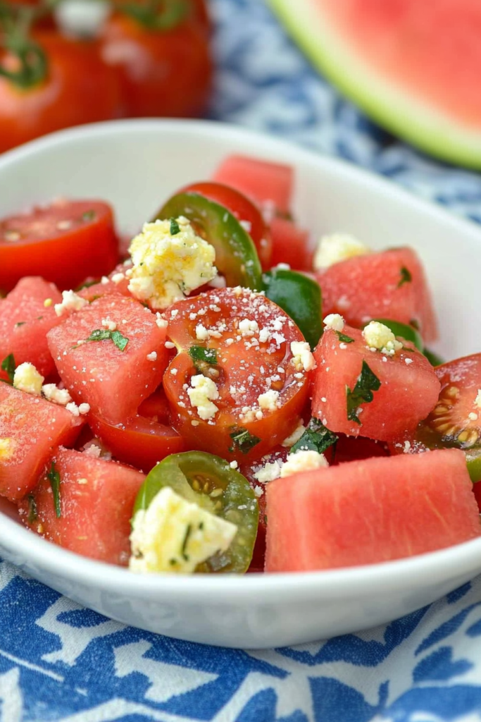 Bright and juicy salad with watermelon chunks, tomatoes, and a light dressing ๐