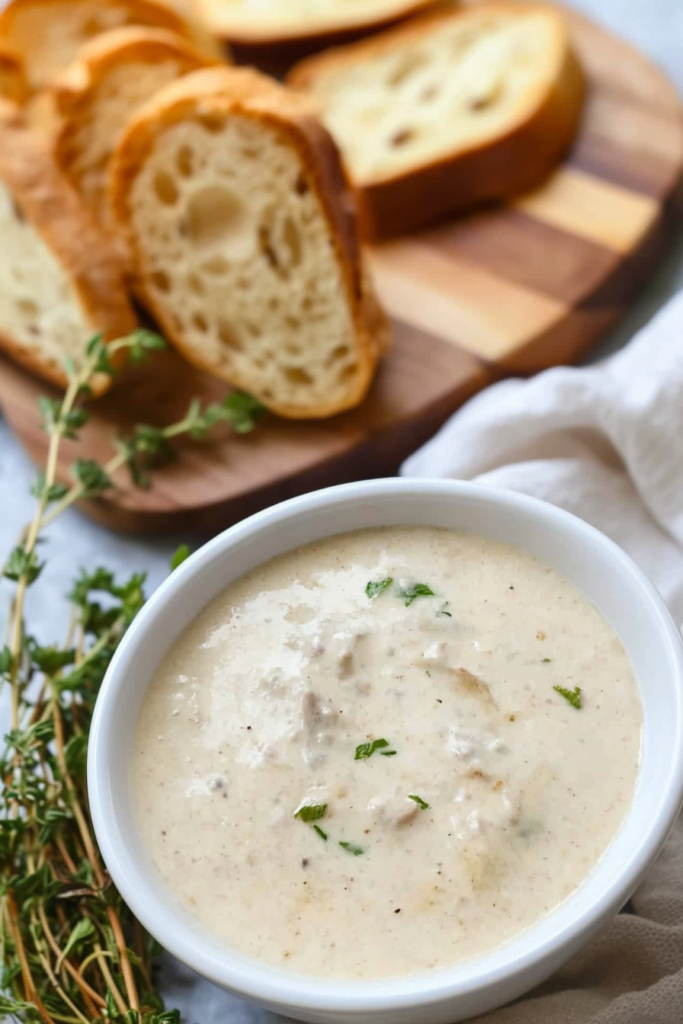 Smooth, thick sauce presented alongside slices of crusty bread on a wooden board.