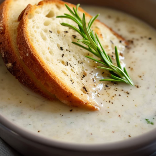 Final dish of traditional bread sauce, styled simply with herbs and pepper for contrast.