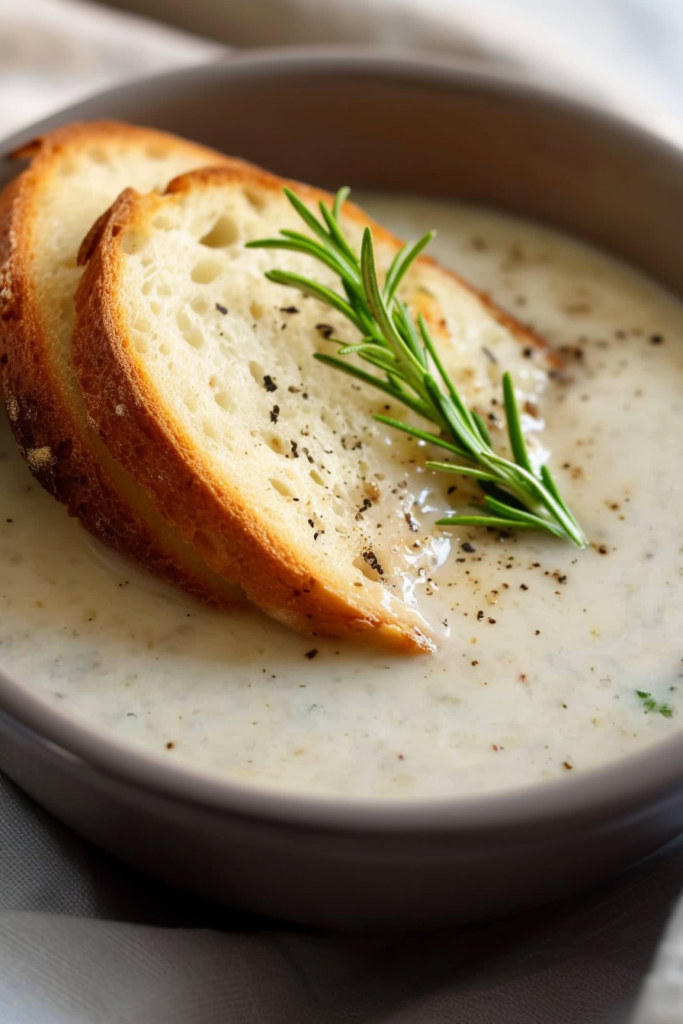 Final dish of traditional bread sauce, styled simply with herbs and pepper for contrast.