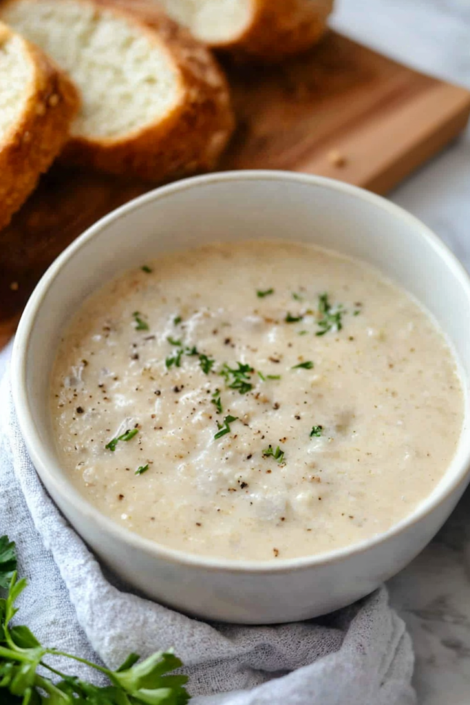 Warm, comforting sauce plated with bread, emphasizing its creamy consistency and classic presentation.