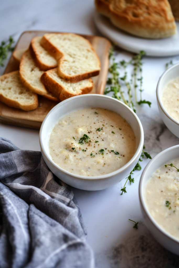 Creamy bread-based sauce served in a rustic bowl, garnished with fresh parsley.